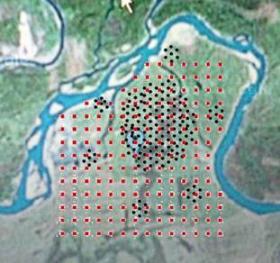  Black dots - the detectors of Tunka-133, red dots -  supposed location...